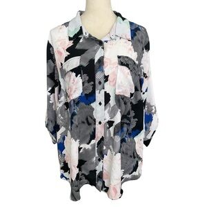 Worthington Floral Semi Sheer Colorful Feminine Button Down Top Women Plus Sz 1X